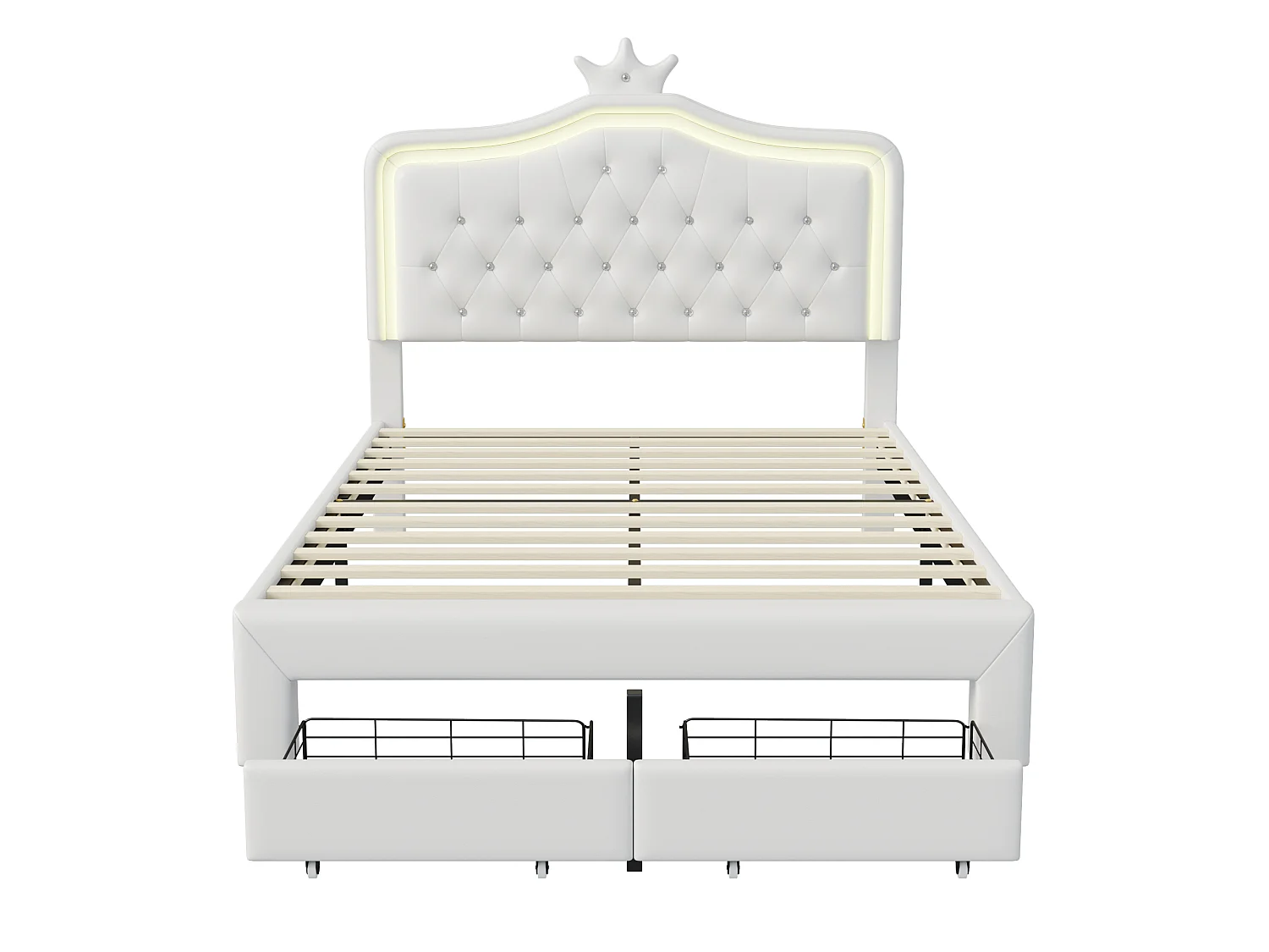 Lit Fille LED 140x200 cm avec 2 Tiroirs de Rangement et Couronne - Lit pour Enfant rembourré, avec Éclairage RGB Réglable, lit double, Cuir PU Blanc