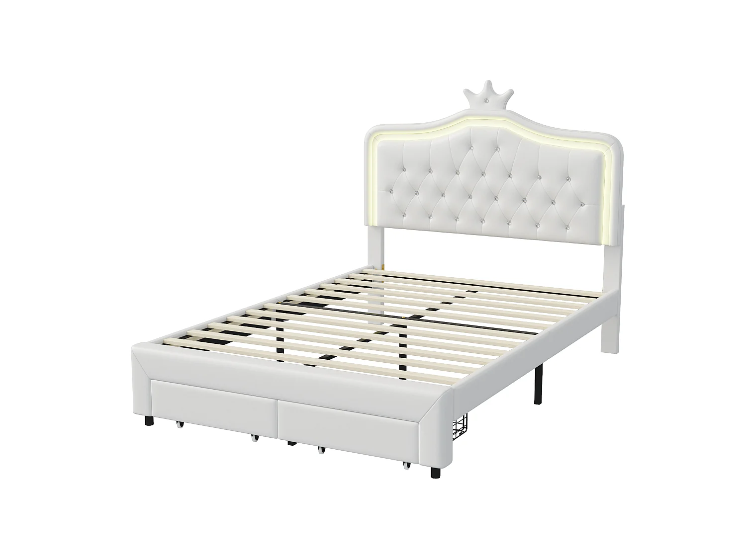 Lit Fille LED 140x200 cm avec 2 Tiroirs de Rangement et Couronne - Lit pour Enfant rembourré, avec Éclairage RGB Réglable, lit double, Cuir PU Blanc