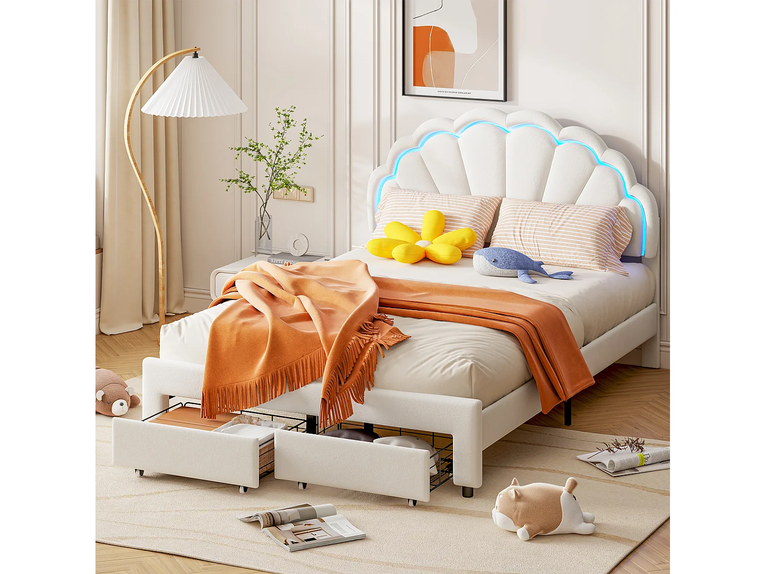Lit Double 140x200 cm avec 2 Tiroirs, Tête de Lit Coquillage avec LED Réglable,  Lit Fille Rembourré avec Sommier à Lattes, Lit Enfant et Ado en Velours Blanc