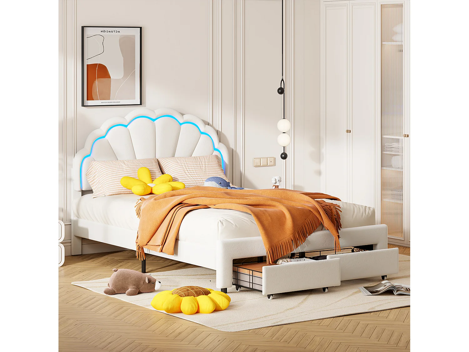 Lit Double 140x200 cm avec 2 Tiroirs, Tête de Lit Coquillage avec LED Réglable,  Lit Fille Rembourré avec Sommier à Lattes, Lit Enfant et Ado en Velours Blanc