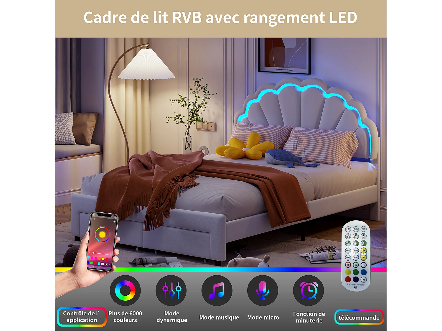 Lit Double 140x200 cm avec 2 Tiroirs, Tête de Lit Coquillage avec LED Réglable,  Lit Fille Rembourré avec Sommier à Lattes, Lit Enfant et Ado en Velours Blanc