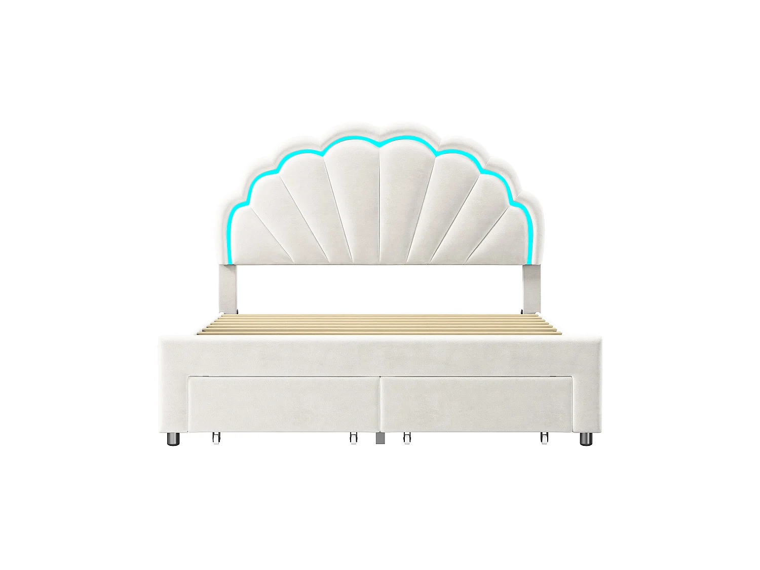 Lit Double 140x200 cm avec 2 Tiroirs, Tête de Lit Coquillage avec LED Réglable,  Lit Fille Rembourré avec Sommier à Lattes, Lit Enfant et Ado en Velours Blanc