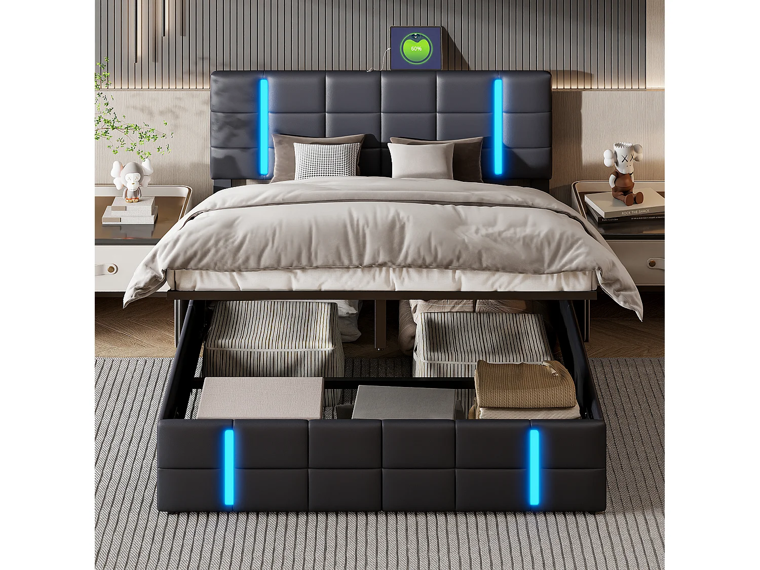Lit Coffre 160x200 cm avec LED et Prise USB, Lit Double rembourré avec Rangement et sommier à Lattes, lit 2 Personnes pour Adultes et Adolescents,PU Noir