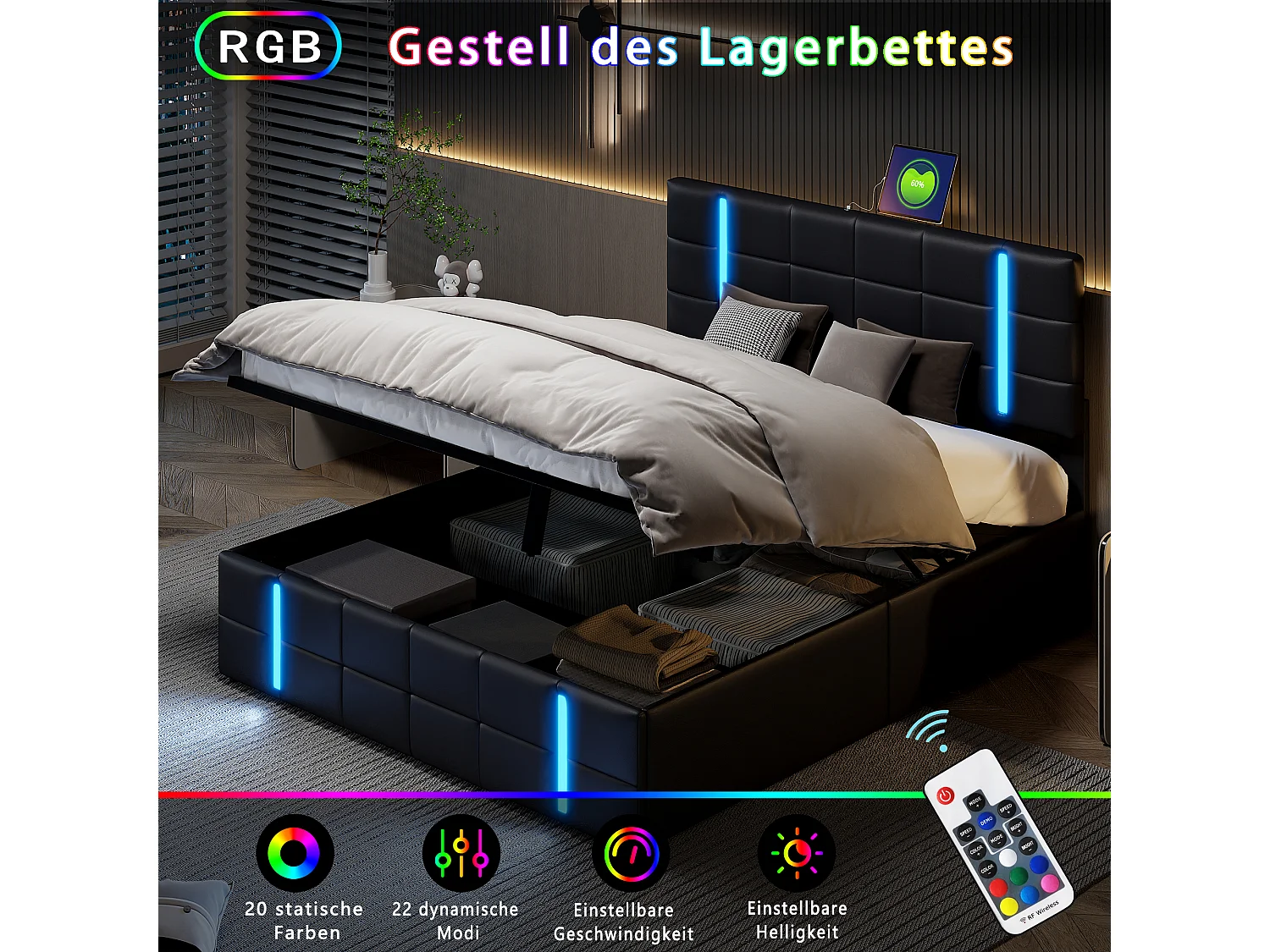 Lit Coffre 160x200 cm avec LED et Prise USB, Lit Double rembourré avec Rangement et sommier à Lattes, lit 2 Personnes pour Adultes et Adolescents,PU Noir