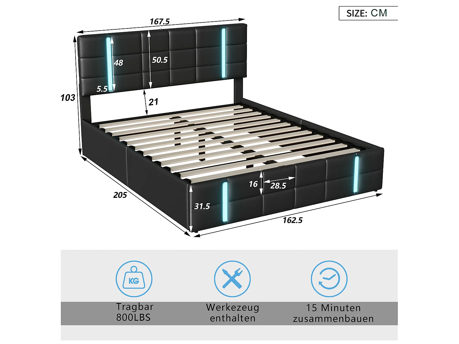 Lit Coffre 160x200 cm avec LED et Prise USB, Lit Double rembourré avec Rangement et sommier à Lattes, lit 2 Personnes pour Adultes et Adolescents,PU Noir