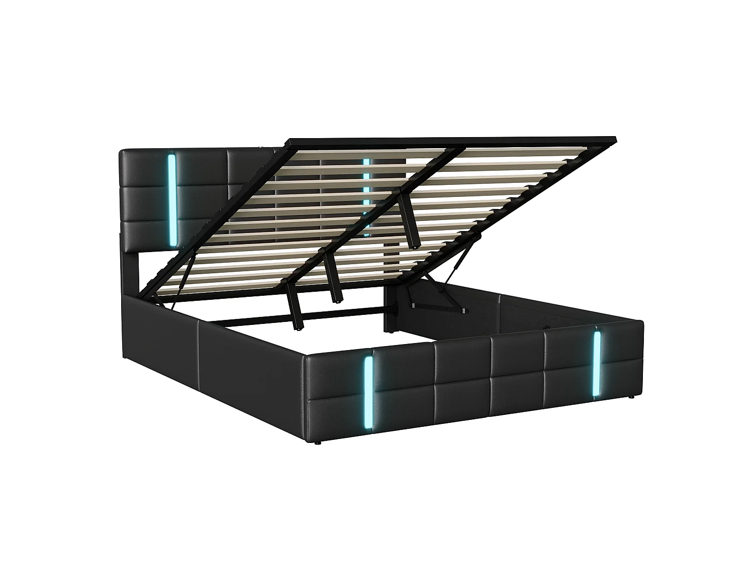 Lit Coffre 160x200 cm avec LED et Prise USB, Lit Double rembourré avec Rangement et sommier à Lattes, lit 2 Personnes pour Adultes et Adolescents,PU Noir