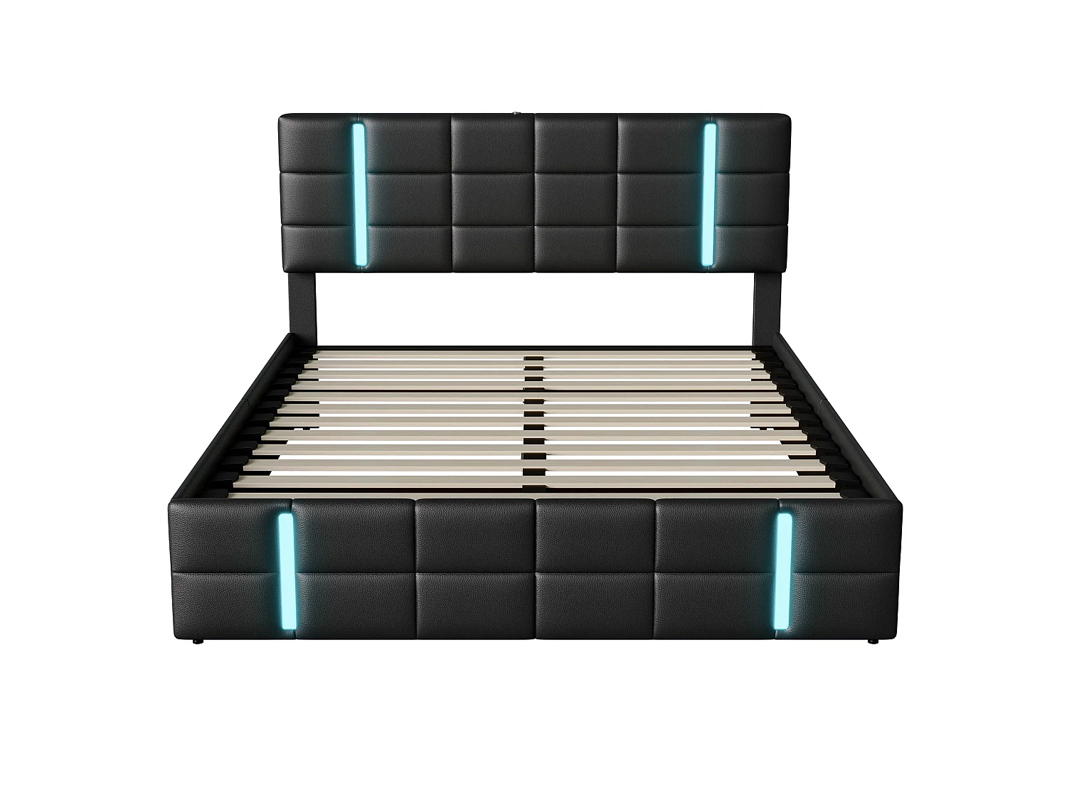 Lit Coffre 160x200 cm avec LED et Prise USB, Lit Double rembourré avec Rangement et sommier à Lattes, lit 2 Personnes pour Adultes et Adolescents,PU Noir