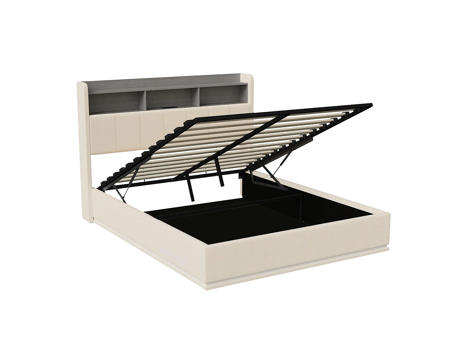Lit Coffre 140x190 cm avec Sommier,Lit Double Capitonné avec LED,Tête de Lit rembourré avec Rangement,Prises EU et USB,Cadre de Lit 140x190 pour Ados,Velours Beige