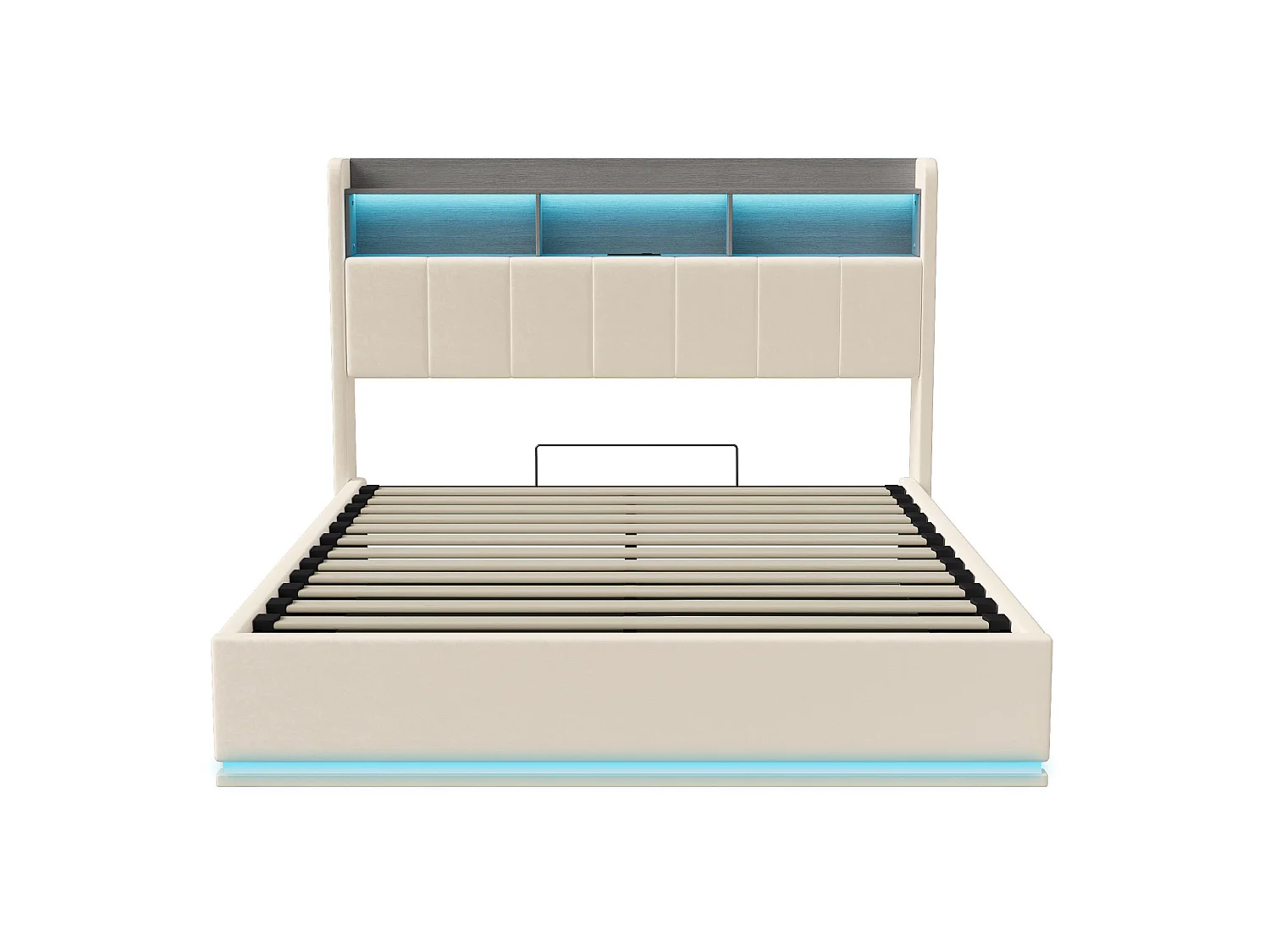 Lit Coffre 140x190 cm avec Sommier,Lit Double Capitonné avec LED,Tête de Lit rembourré avec Rangement,Prises EU et USB,Cadre de Lit 140x190 pour Ados,Velours Beige