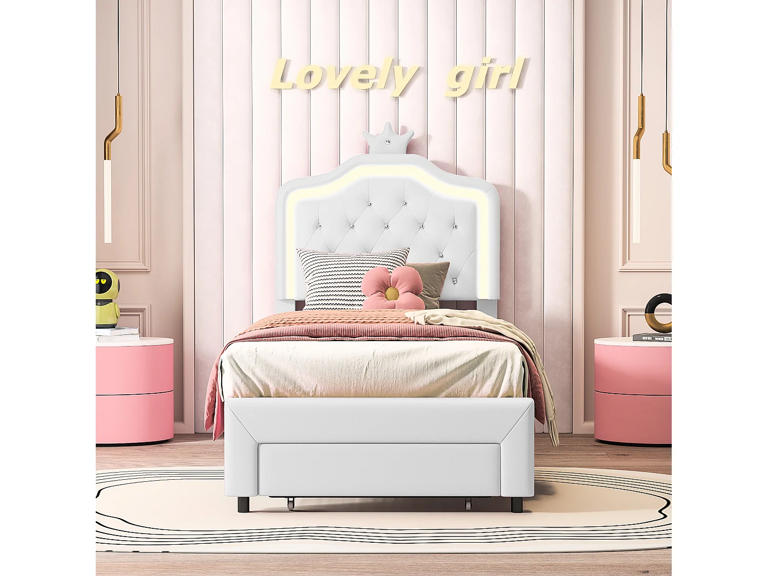 Lit Fille 90x200 cm avec Lampes LED, Lit Enfant avec Tête de Lits réglable en Hauteur et 1 tiroirs, lit Simple pour Fille en Cuir avec Couronne, PU Blanc