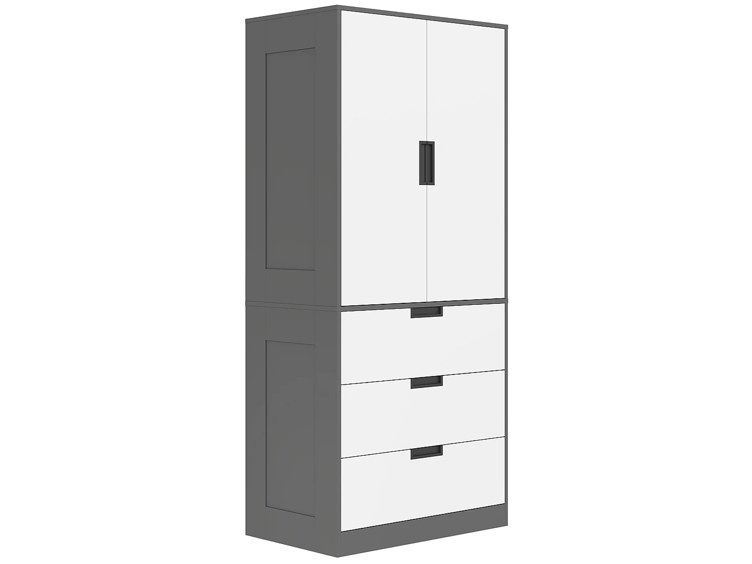 Armoire de chambre 2 portes - penderie, 3 tiroirs - 5 poignées modernes alliage alu - blanc gris