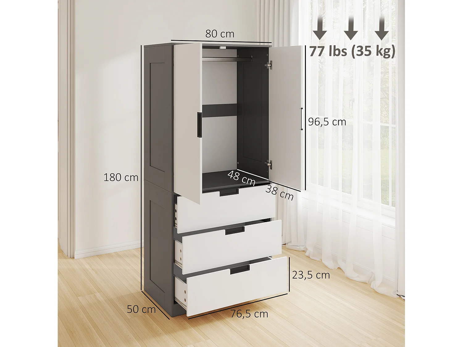 Armoire de chambre 2 portes - penderie, 3 tiroirs - 5 poignées modernes alliage alu - blanc gris