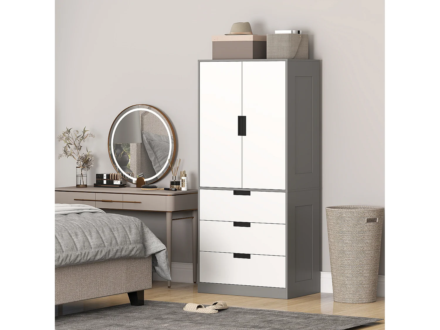 Armoire de chambre 2 portes - penderie, 3 tiroirs - 5 poignées modernes alliage alu - blanc gris