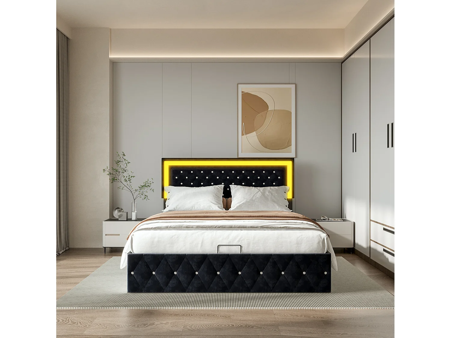 Lit coffre 160x200 cm, Lit double rembourré avec LED, tête de lit réglable, avec rangement, lit pour adultes adolescents avec sommier à lattes, Velours Gris