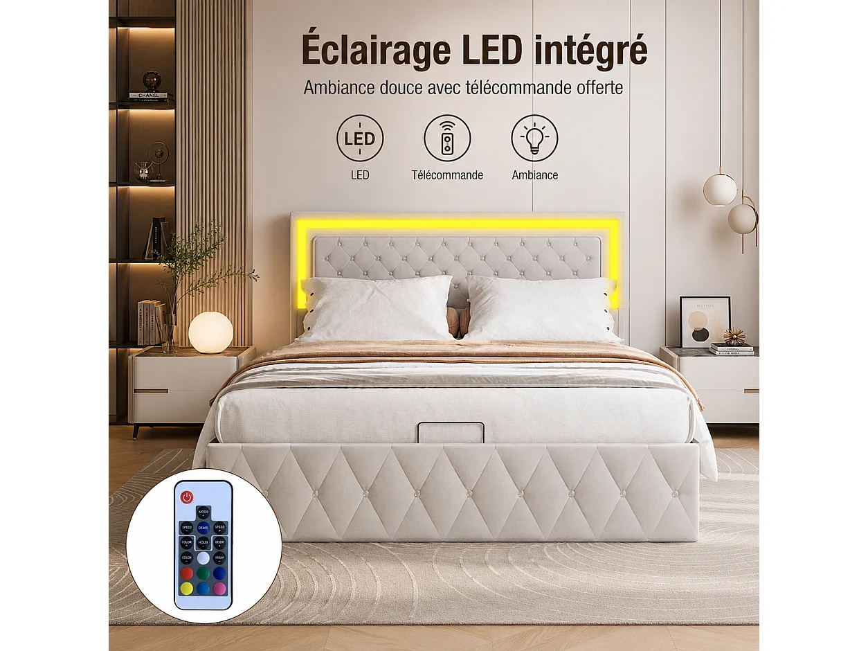 Lit Coffre 160x200 Sommier avec Tête de Lits Réglable,Lit Double Rembourré avec Rangement Hydraulique,Lits2 Personnes pour Adultes, Adolescents, Velours Beige