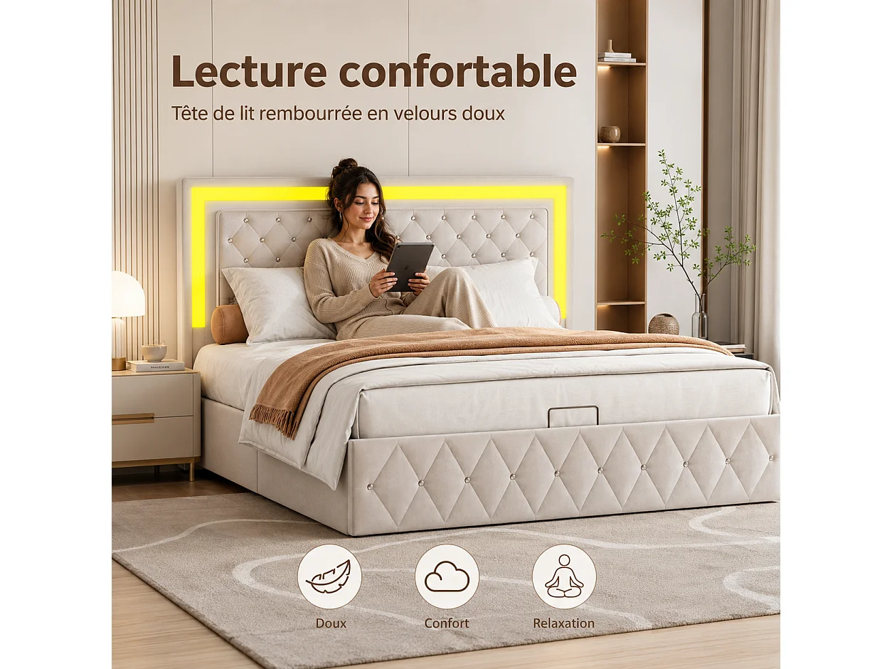 Lit Coffre 160x200 Sommier avec Tête de Lits Réglable,Lit Double Rembourré avec Rangement Hydraulique,Lits2 Personnes pour Adultes, Adolescents, Velours Beige