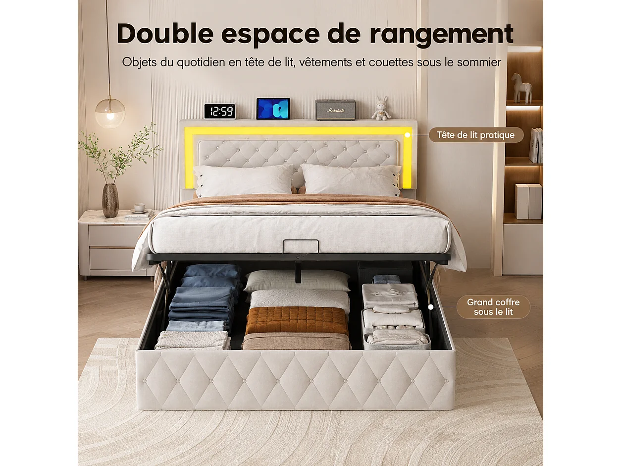 Lit Coffre 160x200 Sommier avec Tête de Lits Réglable,Lit Double Rembourré avec Rangement Hydraulique,Lits2 Personnes pour Adultes, Adolescents, Velours Beige