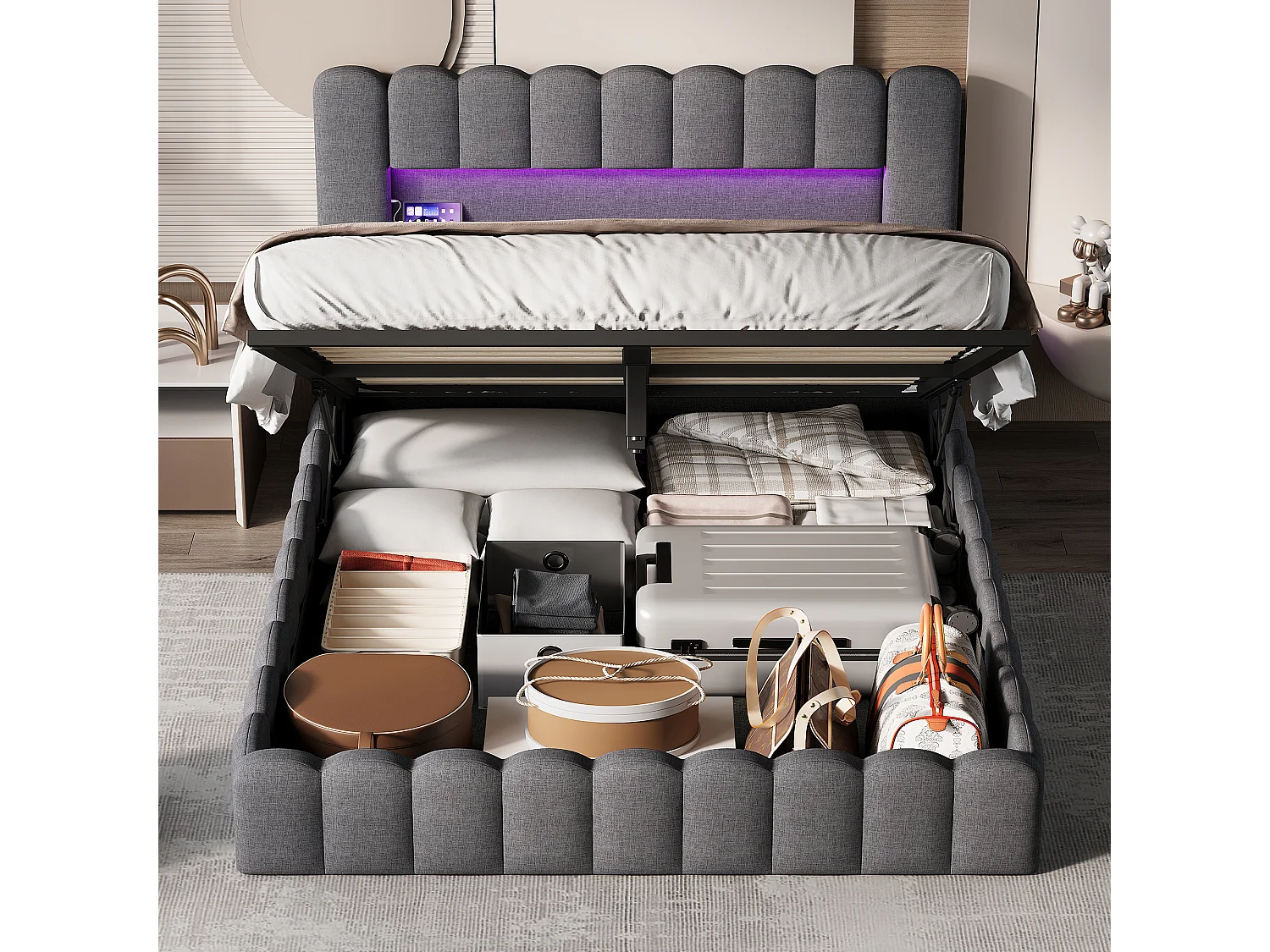 Lit Coffre 140x200 cm, lit rembourré avec espace de rangement, lit double avec LED et USB, lit pour adults et Ados avec sommier à lattes, Lin Gris foncé