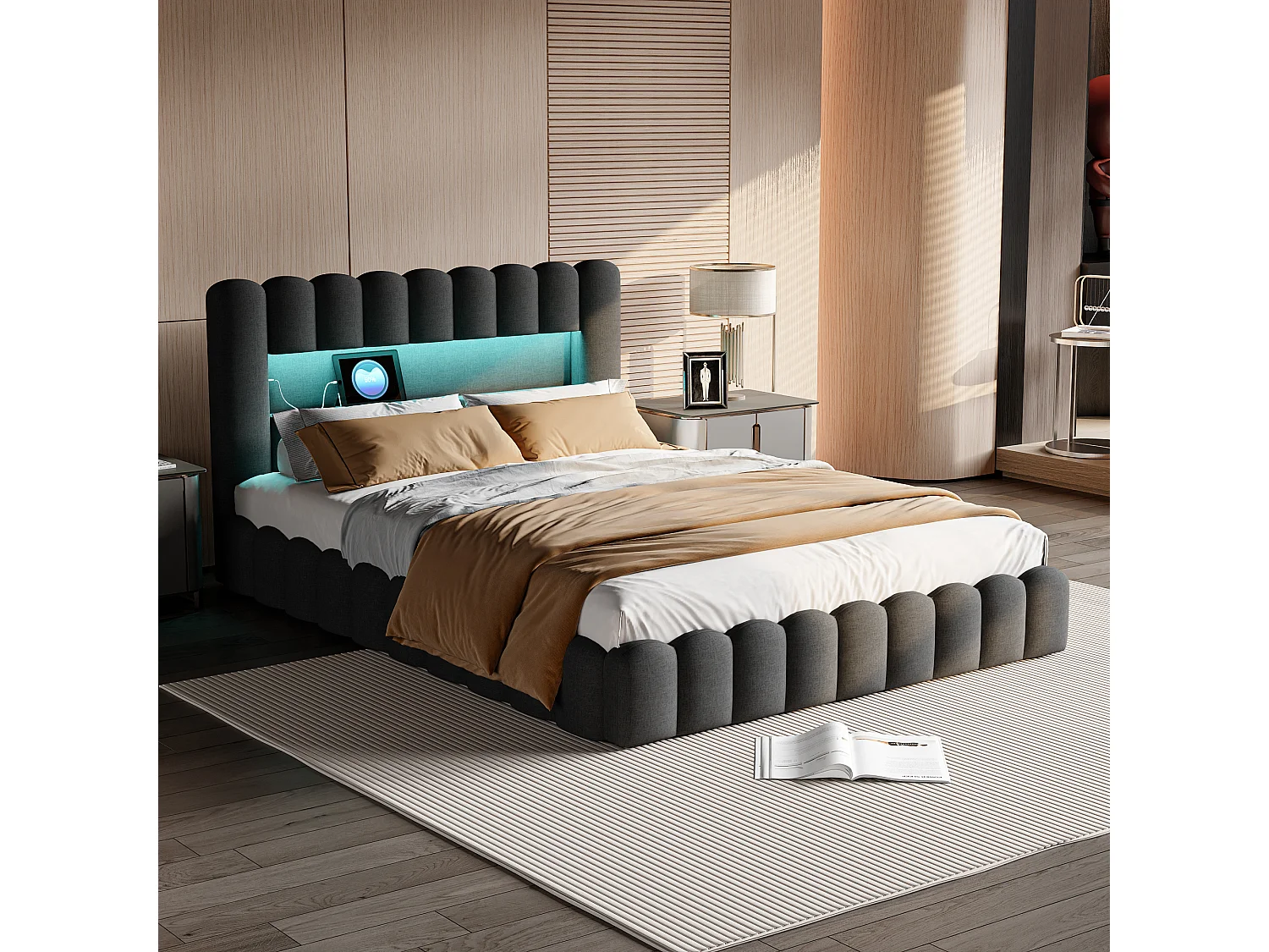 Lit Coffre 140x200 cm, lit rembourré avec espace de rangement, lit double avec LED et USB, lit pour adults et Ados avec sommier à lattes, Lin Gris foncé