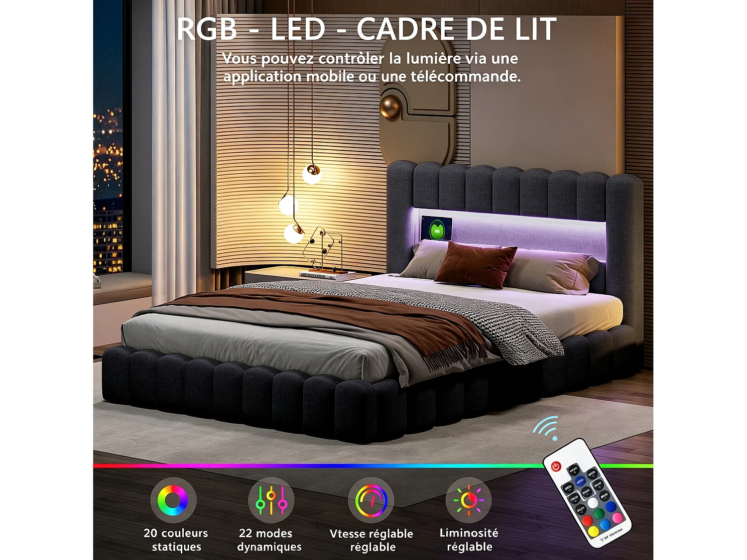 Lit Coffre 140x200 cm, lit rembourré avec espace de rangement, lit double avec LED et USB, lit pour adults et Ados avec sommier à lattes, Lin Gris foncé