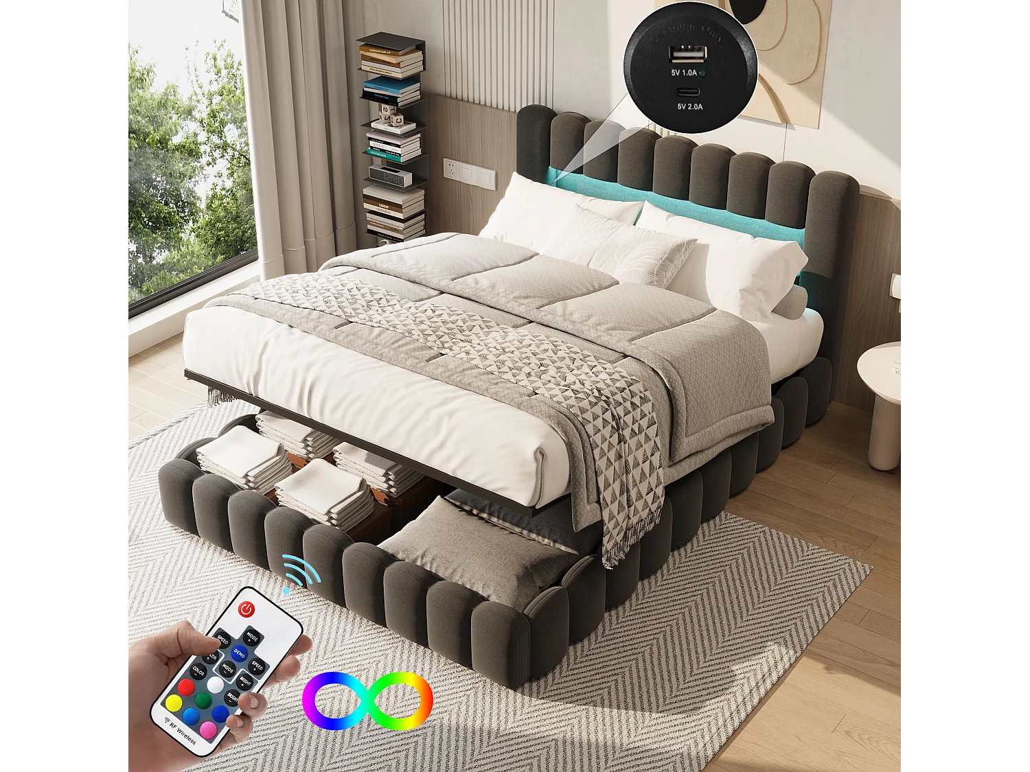 Lit Coffre 140x200 cm, lit rembourré avec espace de rangement, lit double avec LED et USB, lit pour adults et Ados avec sommier à lattes, Lin Gris foncé
