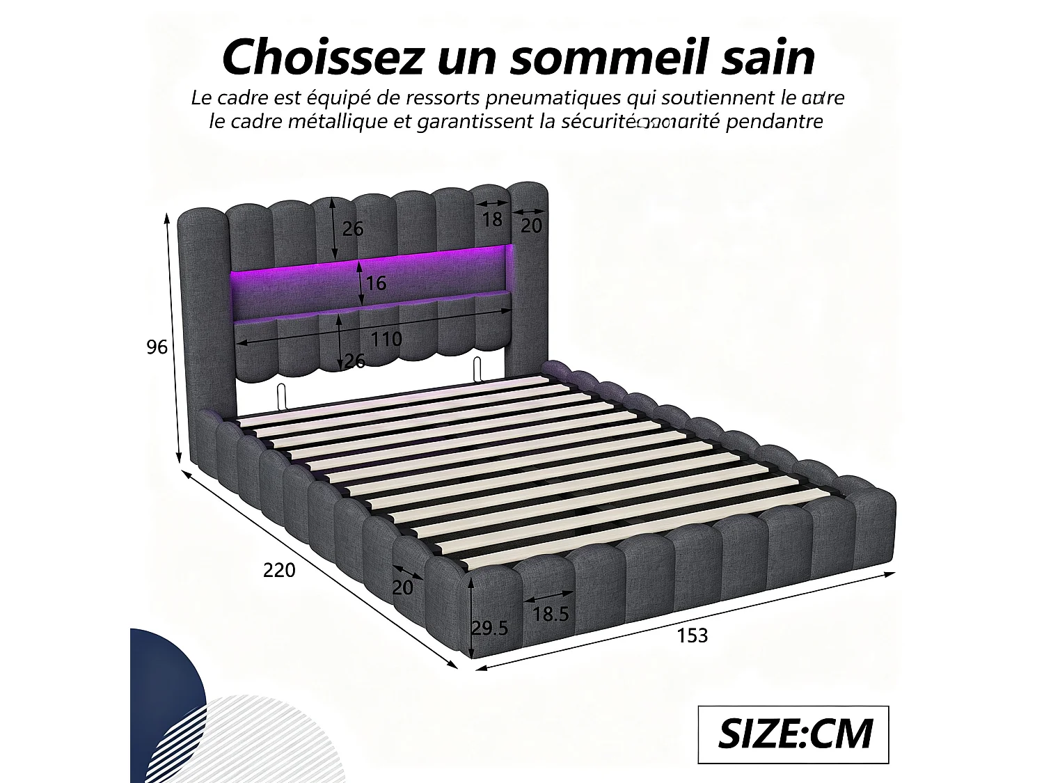 Lit Coffre 140x200 cm, lit rembourré avec espace de rangement, lit double avec LED et USB, lit pour adults et Ados avec sommier à lattes, Lin Gris foncé