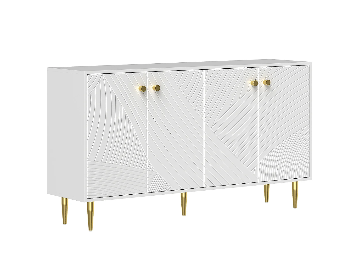 Buffet design graphique 4 portes 2 étagères piètement poignées métal doré blanc