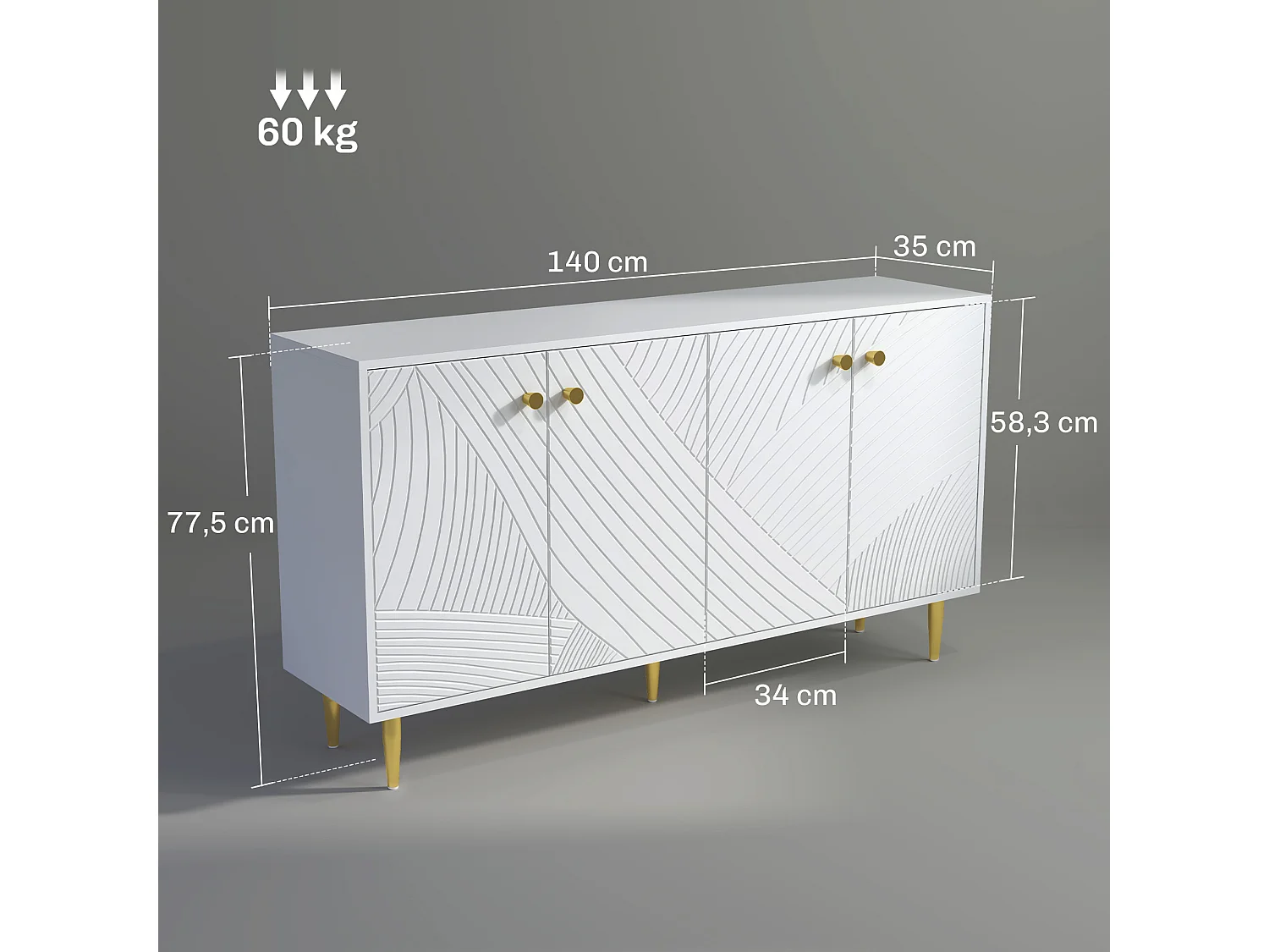 Buffet design graphique 4 portes 2 étagères piètement poignées métal doré blanc