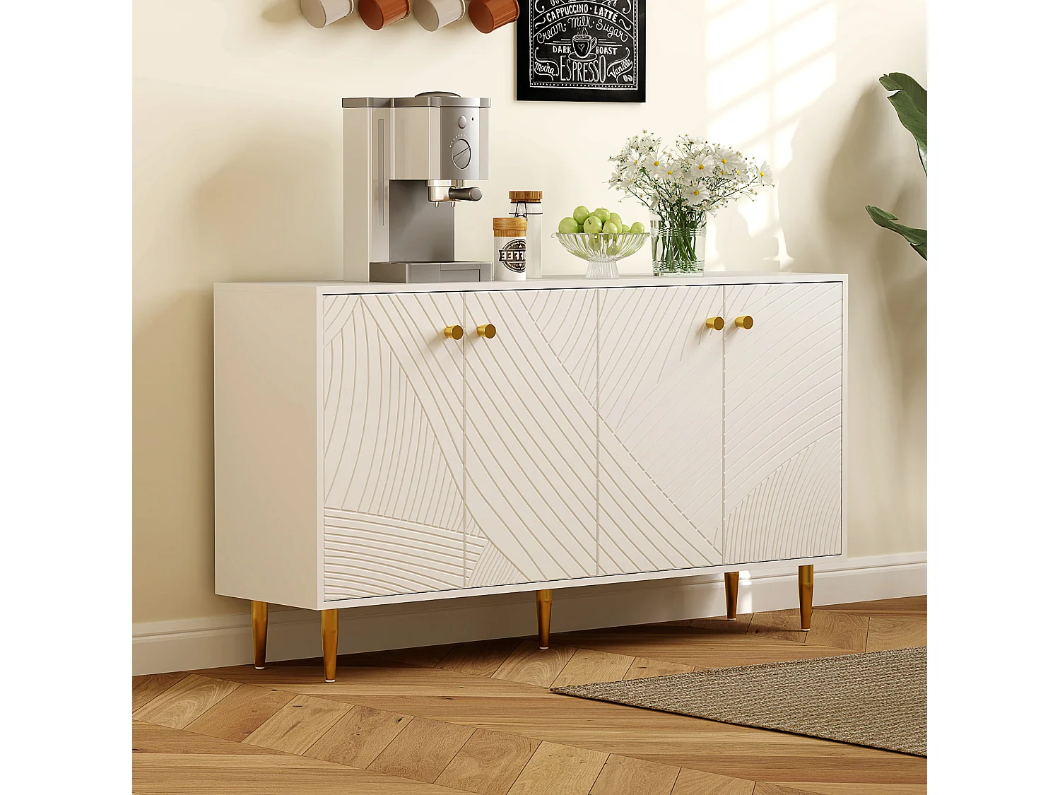 Buffet design graphique 4 portes 2 étagères piètement poignées métal doré blanc