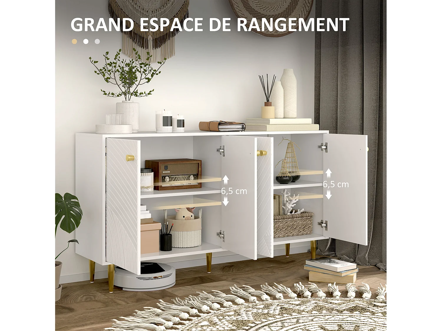 Buffet design graphique 4 portes 2 étagères piètement poignées métal doré blanc