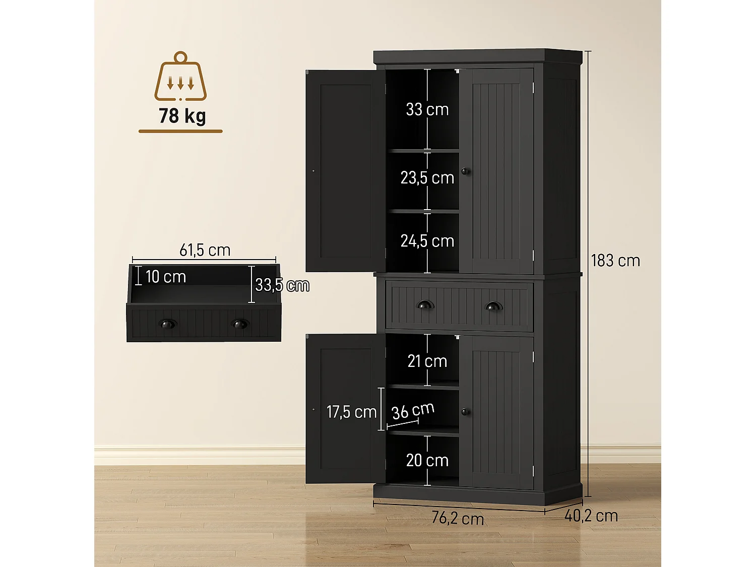Buffet haut multi-rangement - 4 portes, grand tiroir - dim. 76L x 40l x 183H cm - noir