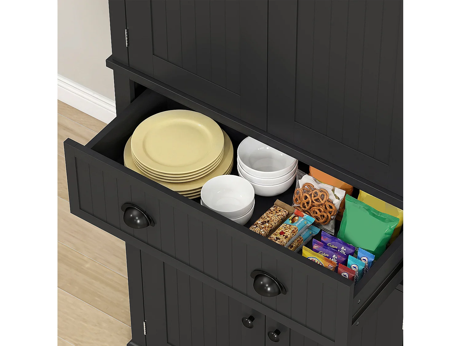 Buffet haut multi-rangement - 4 portes, grand tiroir - dim. 76L x 40l x 183H cm - noir