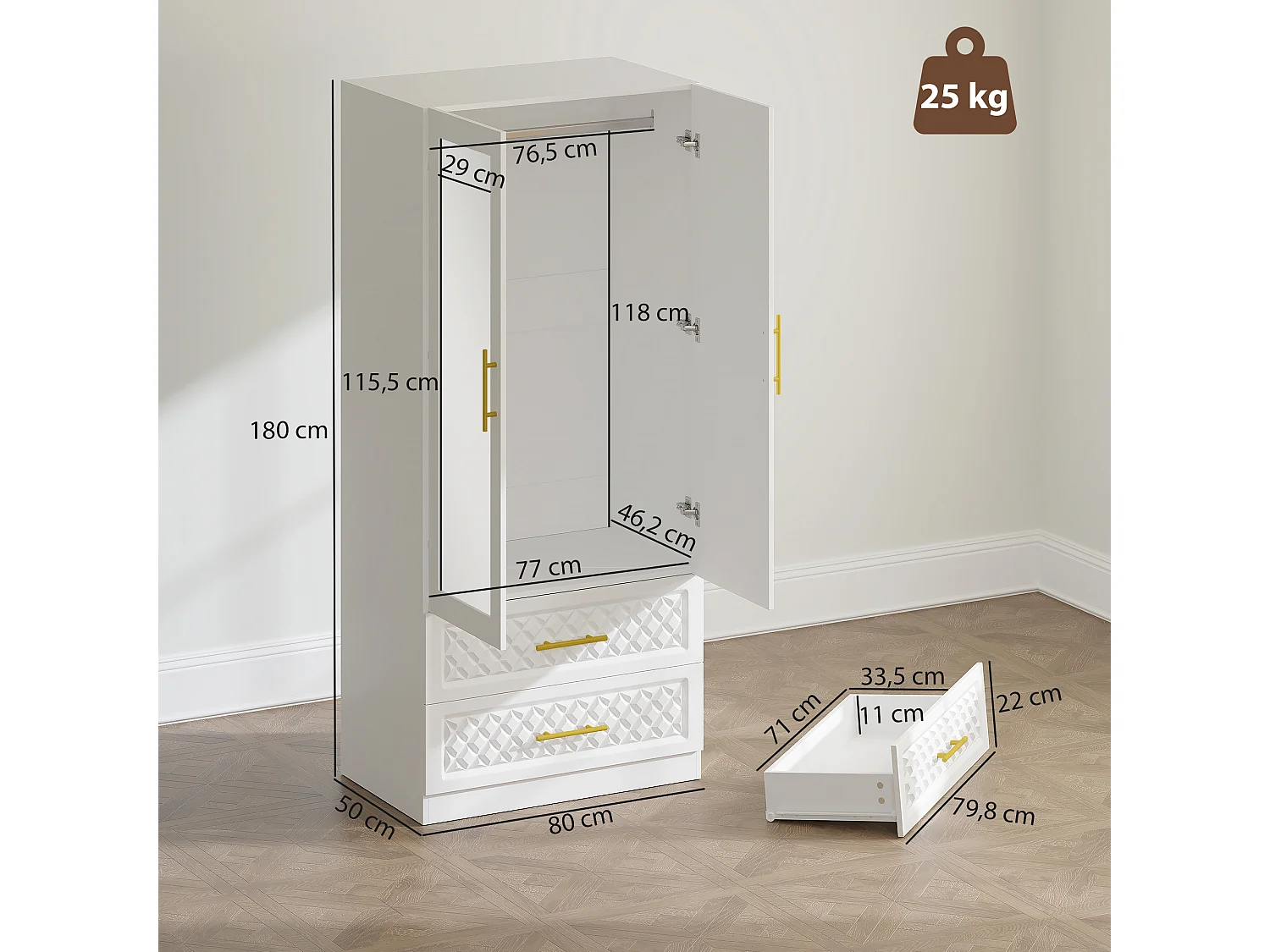 Armoire de chambre design façades porte tiroirs texturées poignées dorées miroir