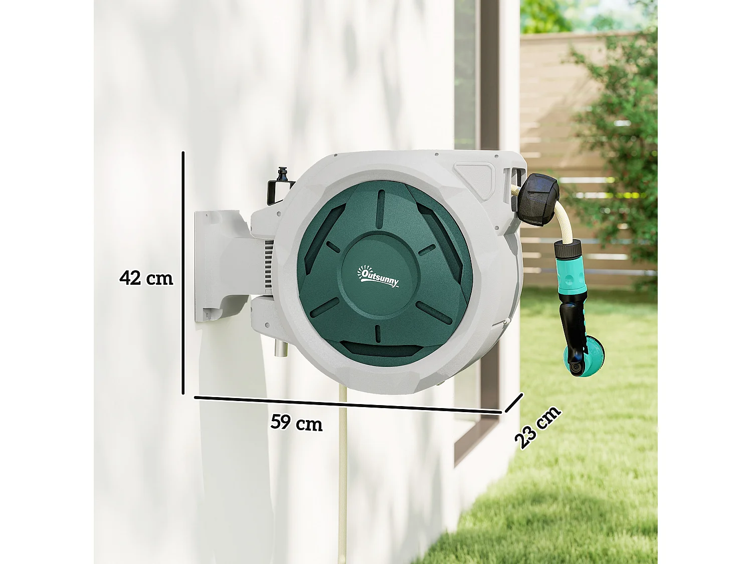Dévidoir mural enrouleur automatique pivotant 180° tuyau 30 + 2 m avec lance arrosage 7 modes support mural intégré gris clair vert