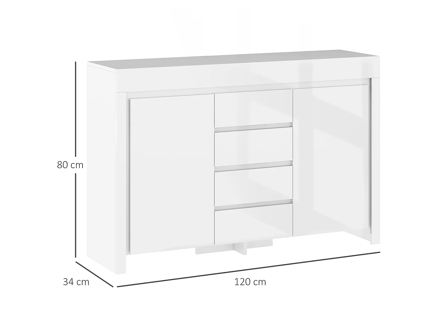 Buffet design blanc laqué LED 4 tiroirs 2 portes 2 étagères dim. 120 x 34 x 80 cm