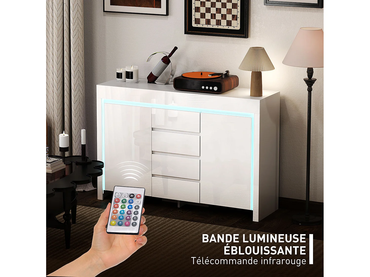 Buffet design blanc laqué LED 4 tiroirs 2 portes 2 étagères dim. 120 x 34 x 80 cm