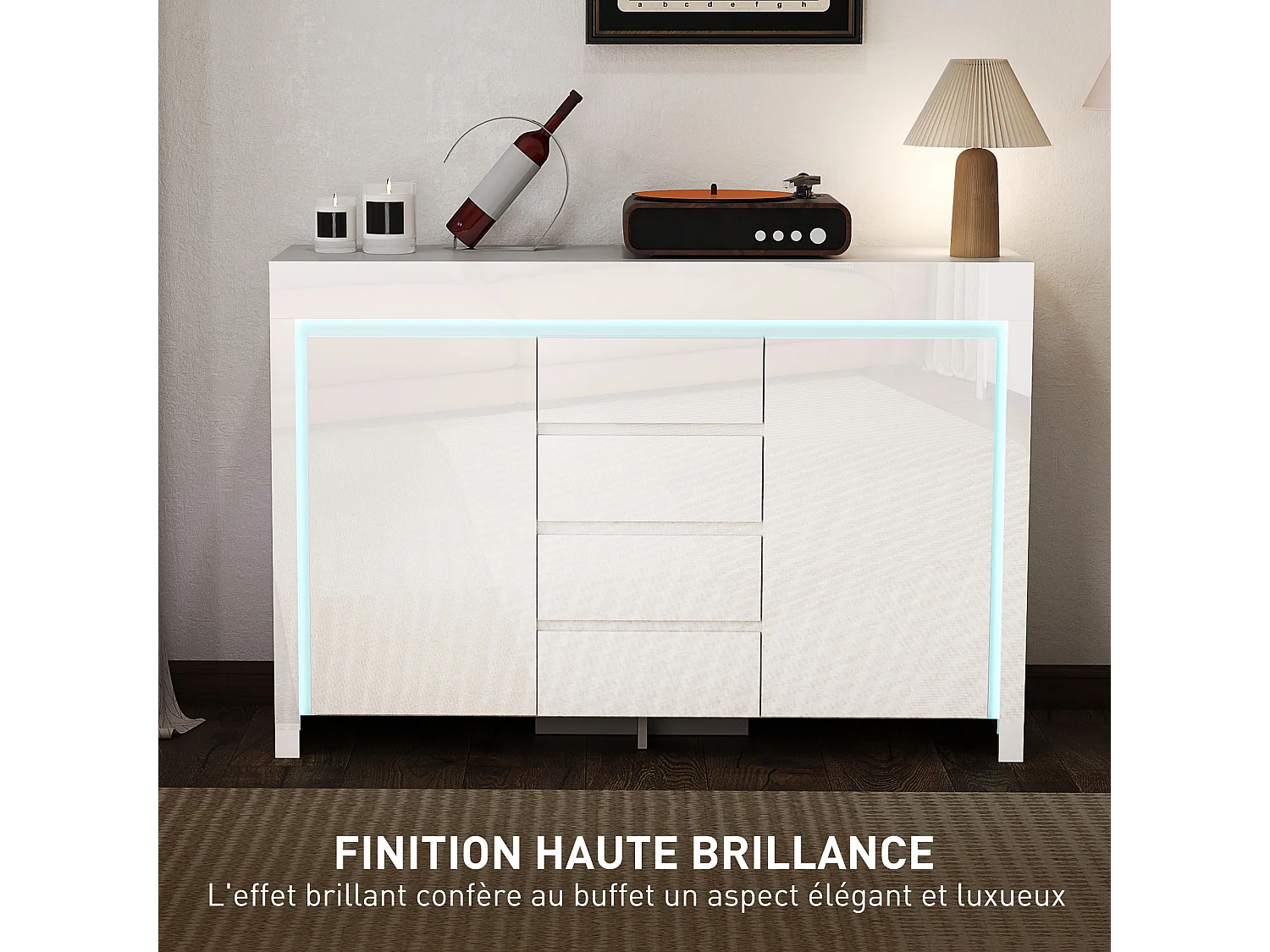 Buffet design blanc laqué LED 4 tiroirs 2 portes 2 étagères dim. 120 x 34 x 80 cm