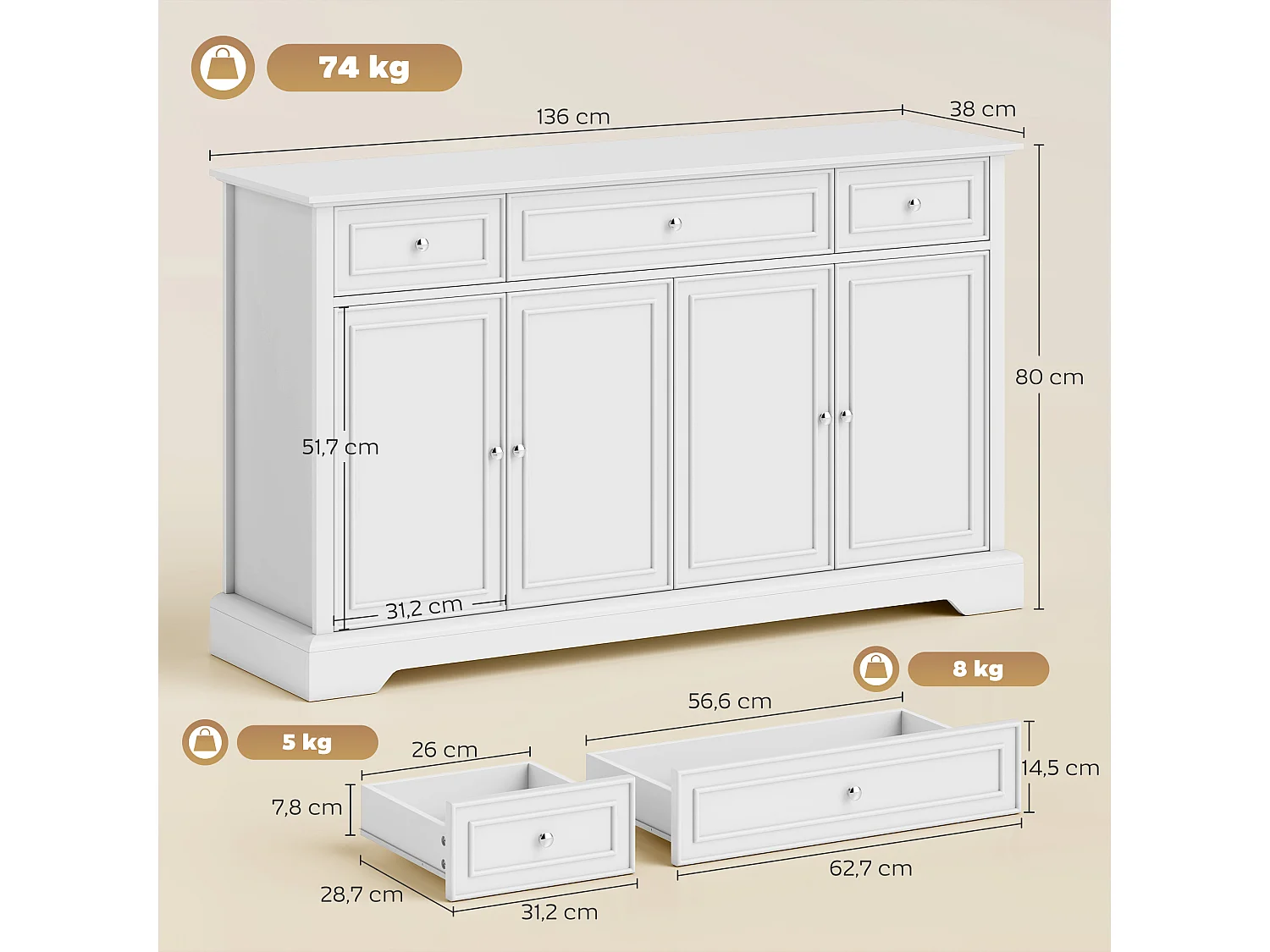 Buffet style classique chic 4 portes 3 tiroirs 2 étagères blanc