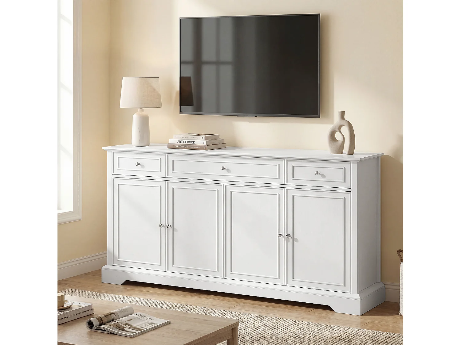 Buffet style classique chic 4 portes 3 tiroirs 2 étagères blanc