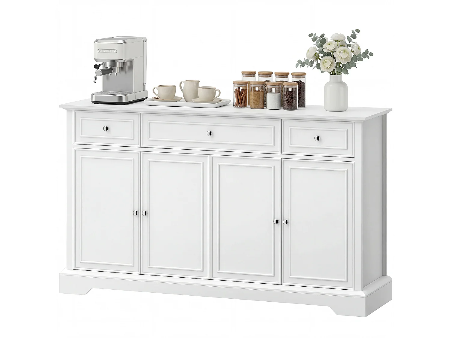 Buffet style classique chic 4 portes 3 tiroirs 2 étagères blanc