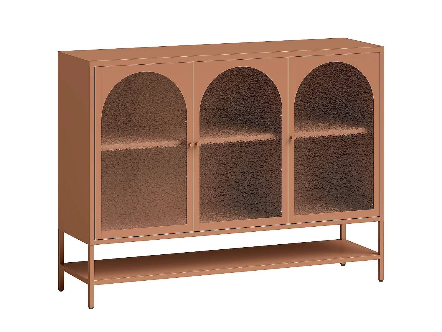 Buffet salon style Vintage métal 3 portes arche verre martelé 3 étagères 140 x 40 x 105 cm terracota