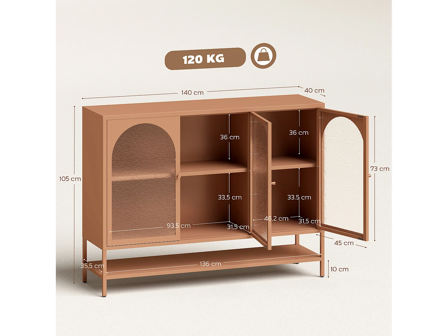 Buffet salon style Vintage métal 3 portes arche verre martelé 3 étagères 140 x 40 x 105 cm terracota