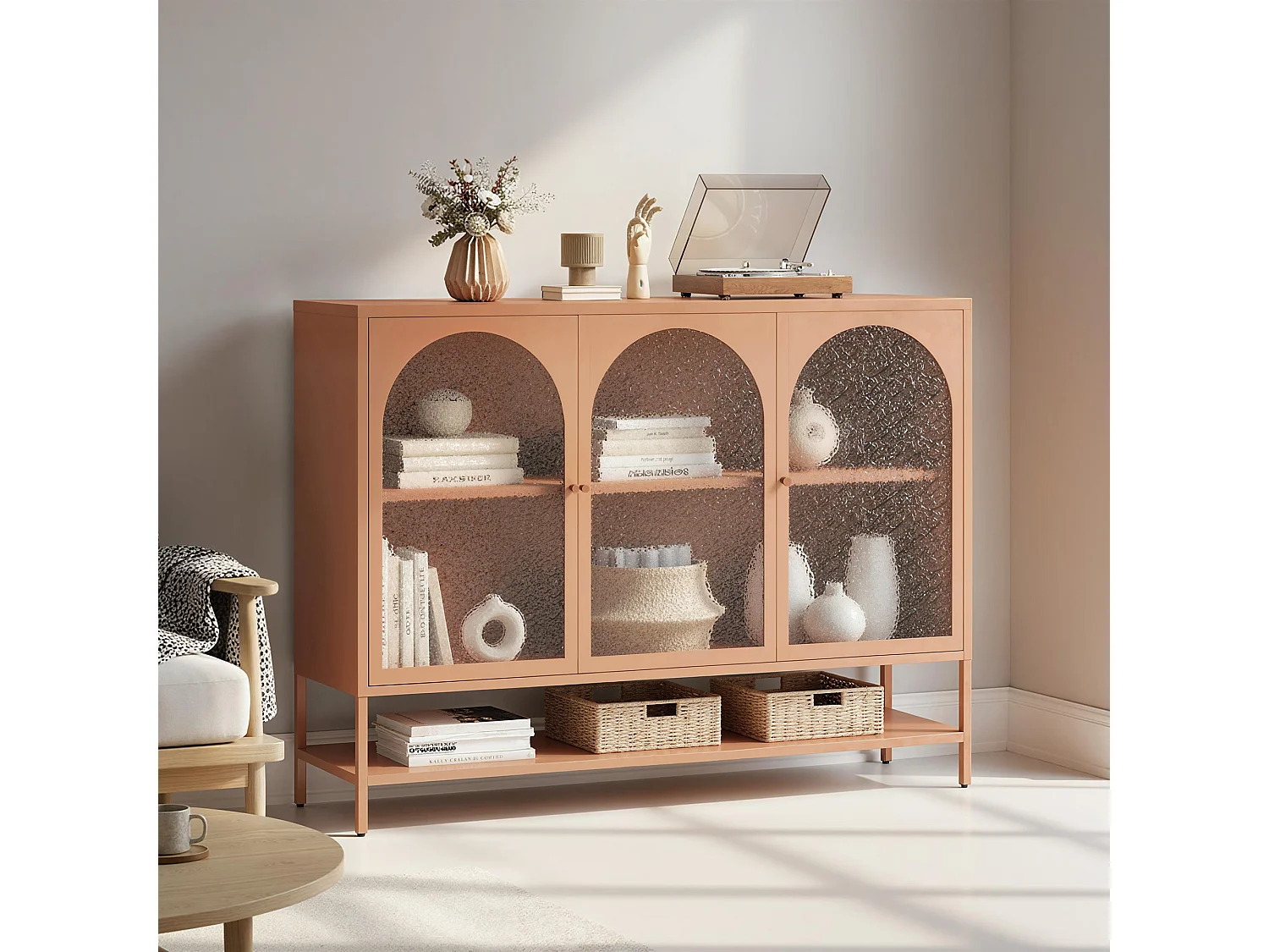 Buffet salon style Vintage métal 3 portes arche verre martelé 3 étagères 140 x 40 x 105 cm terracota