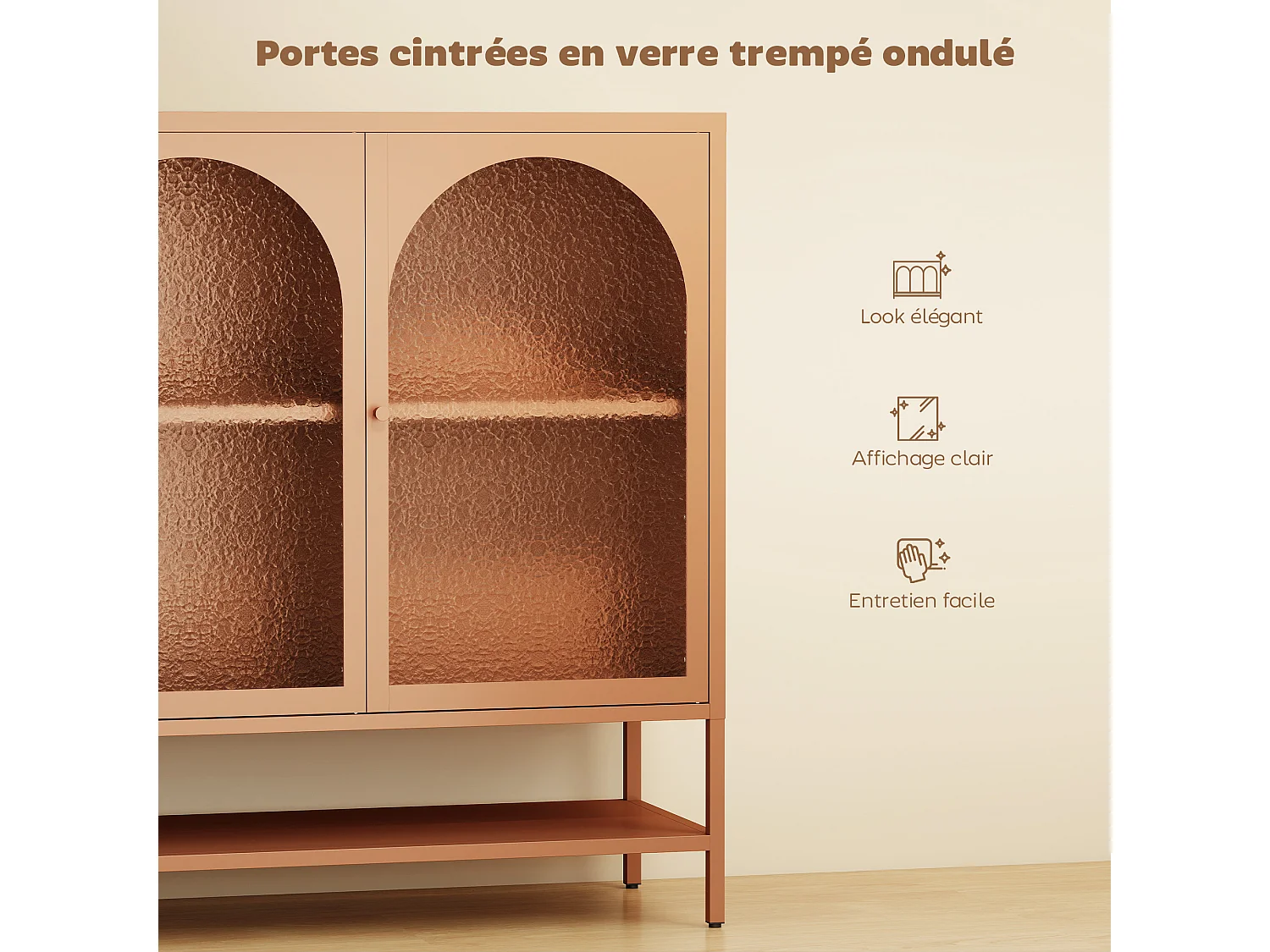 Buffet salon style Vintage métal 3 portes arche verre martelé 3 étagères 140 x 40 x 105 cm terracota