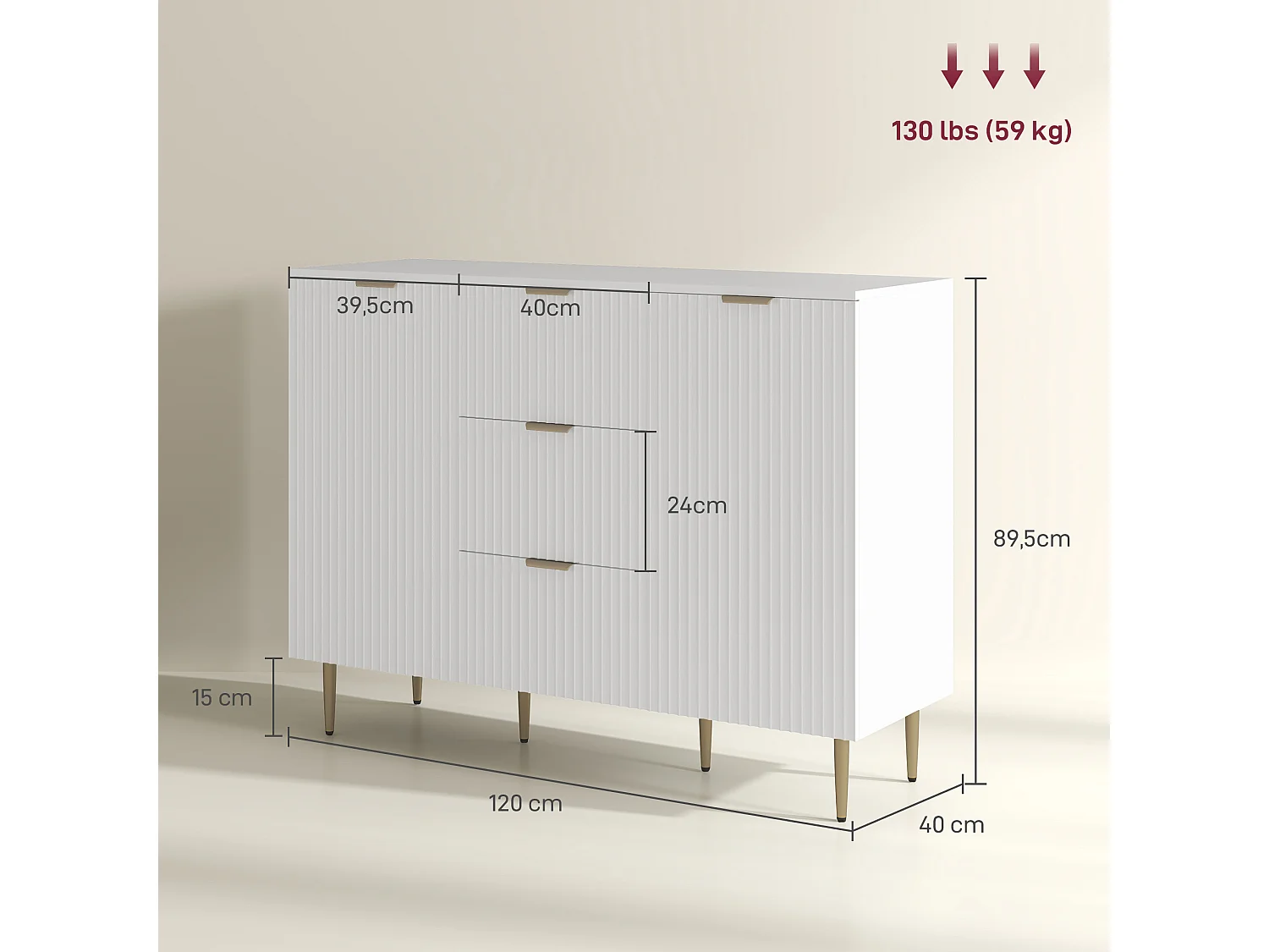 Buffet enfilade 2 portes 2 étagères 3 tiroirs - dim. 120 x 40 x 90 cm - métal doré blanc