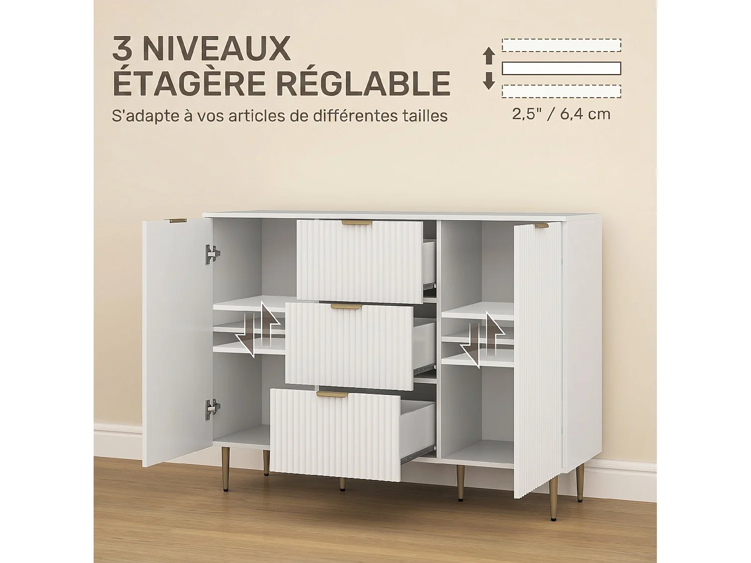 Buffet enfilade 2 portes 2 étagères 3 tiroirs - dim. 120 x 40 x 90 cm - métal doré blanc