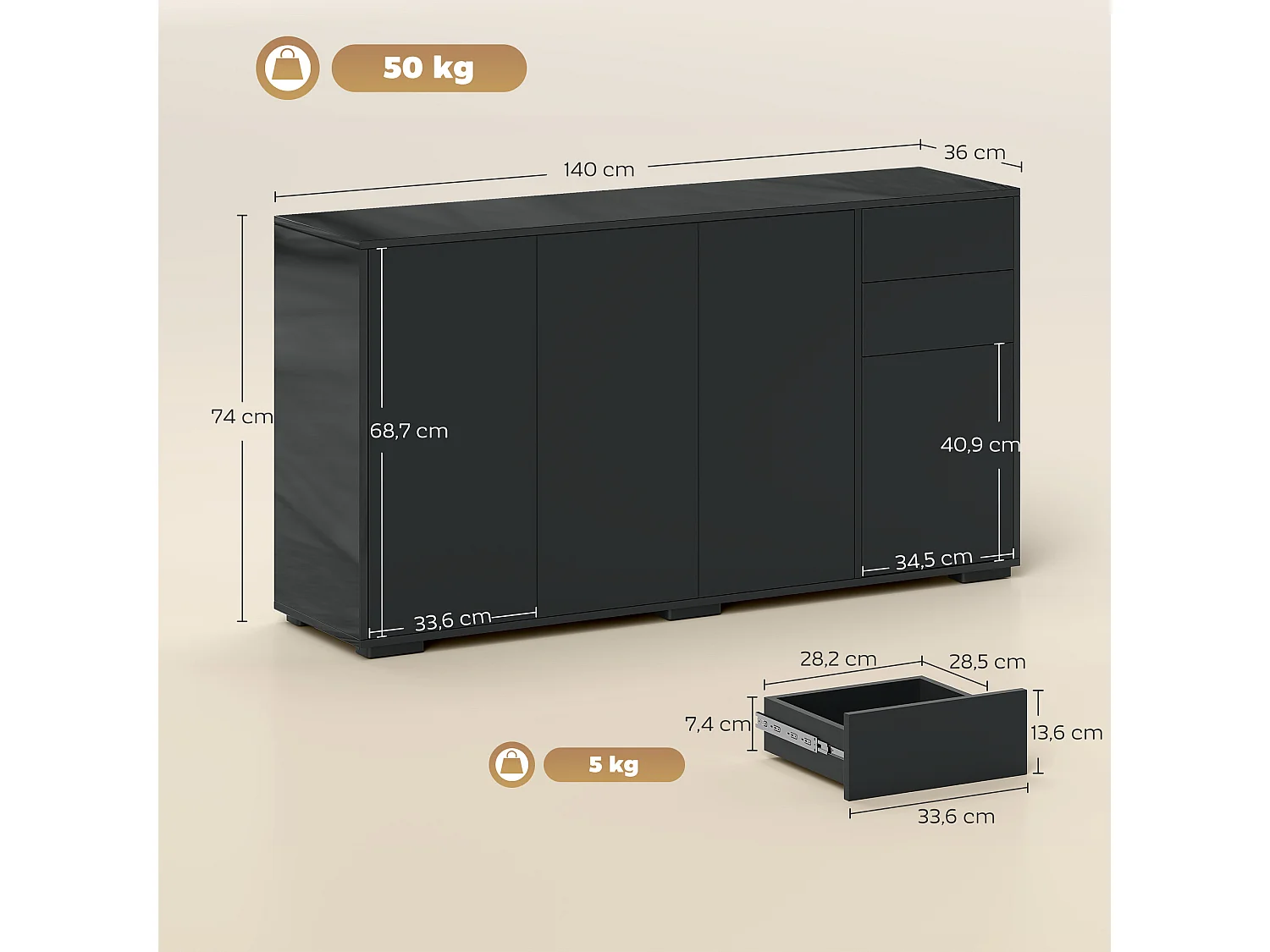 Buffet 4 portes 2 tiroirs coulissants 2 étagères 117 x 36 x 74 cm noir mat laqué