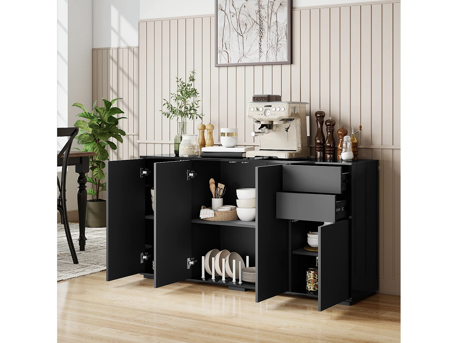 Buffet 4 portes 2 tiroirs coulissants 2 étagères 117 x 36 x 74 cm noir mat laqué