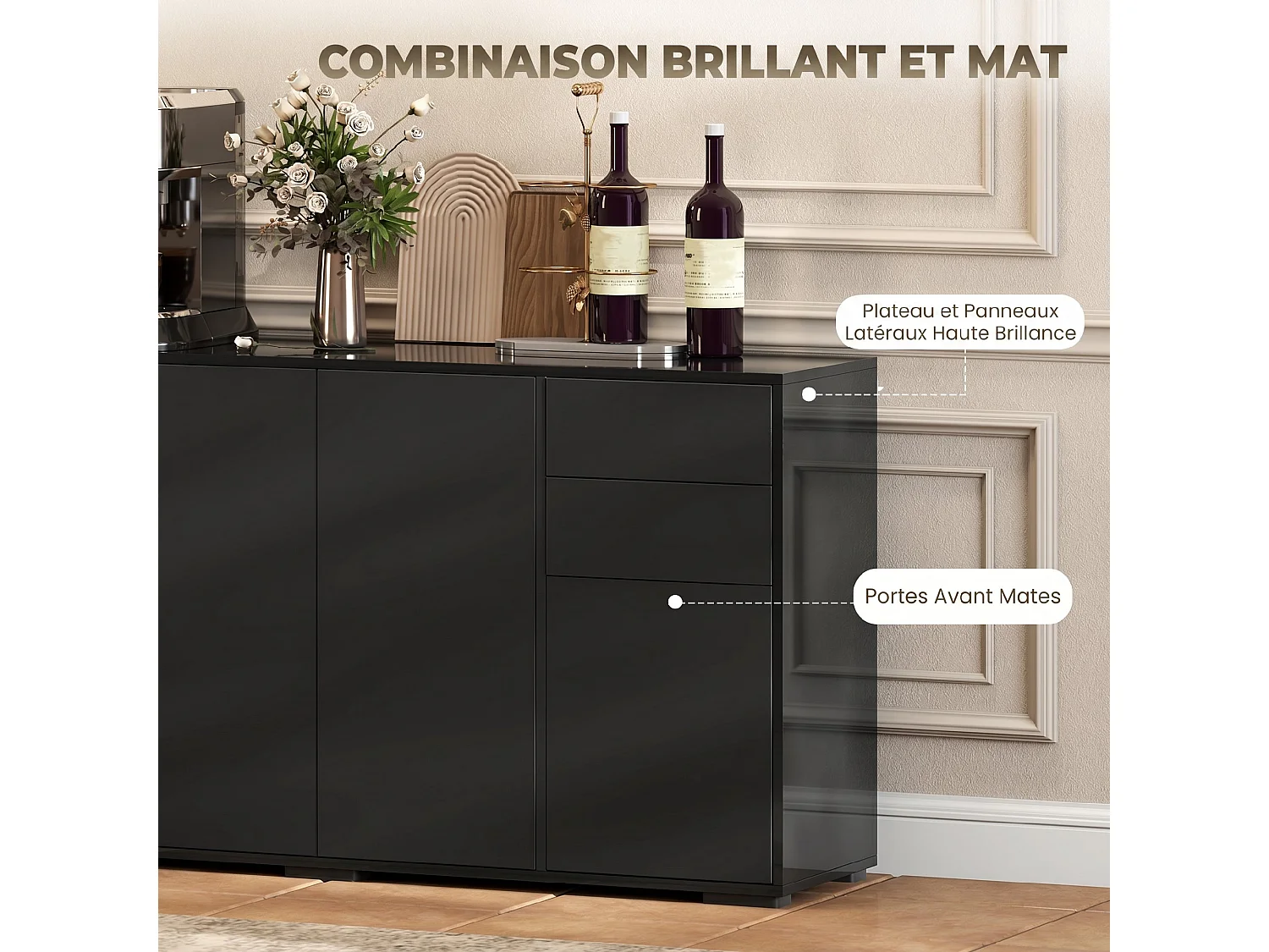 Buffet 4 portes 2 tiroirs coulissants 2 étagères 117 x 36 x 74 cm noir mat laqué