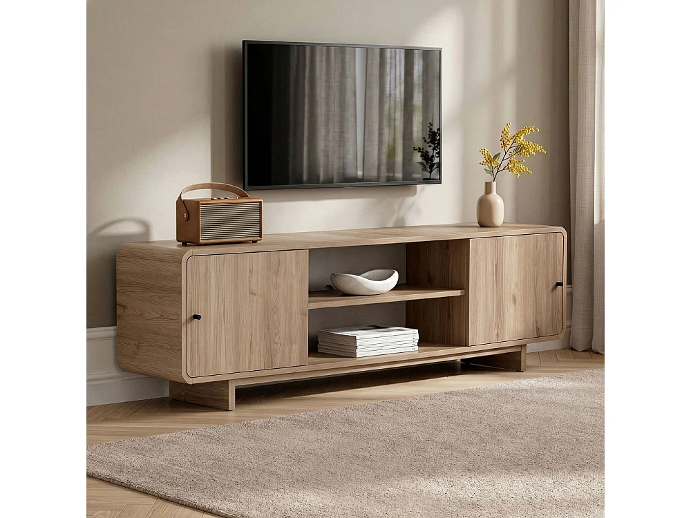 Dima - Meuble tv 2 portes aux bords arrondis en bois L180cm - Bois clair